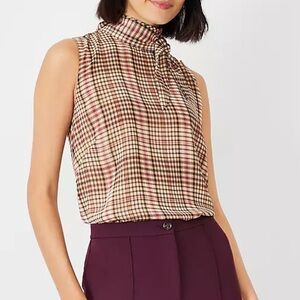 Ann Taylor Plaid Side Tie Mock Neck Shell